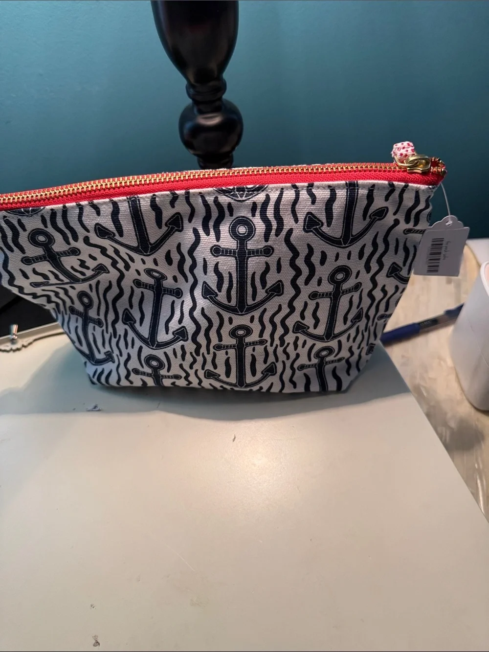 Nautical Anchor Print Cosmetic Pouch - Navy and White with Red Zip